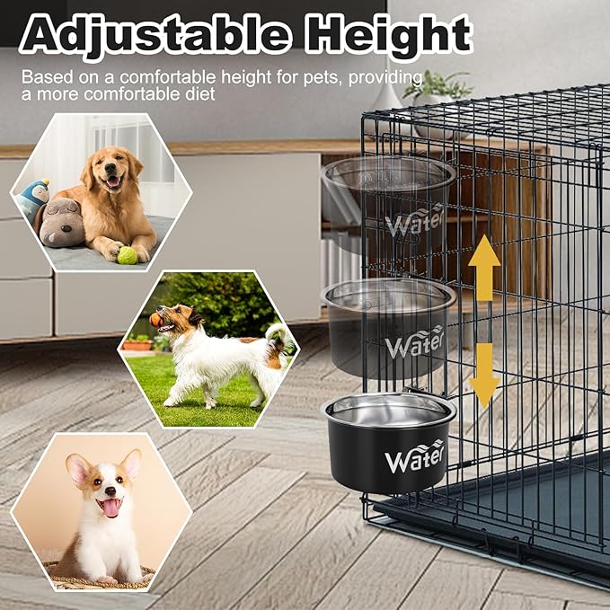 Crate Water Bowl No Spill for Large Dogs, Removable Stainless Steel Dog Bowls for Food and Water, Dog Kennel Hanging Wet and Dry Food Feeder for Medium/Large Pets, (7.1"x3.7" & 6.3"*2.6", Black)