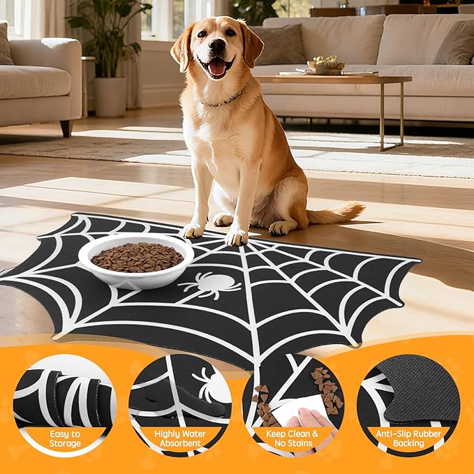 Dog Cat Food & Water Mat, Spider Web Pet Feeding Mat for Floor Non-Slip Waterproof, Super Absorbent Quick Dry Placemat Pet Food Bowl Mat, Halloween Decor, Pets Accessories Indoor (20 * 32 in)