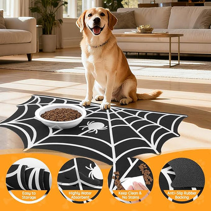 Dog Cat Food & Water Mat, Spider Web Pet Feeding Mat for Floor Non-Slip Waterproof, Super Absorbent Quick Dry Placemat Pet Food Bowl Mat, Halloween Decor, Pets Accessories Indoor (20 * 32 in)