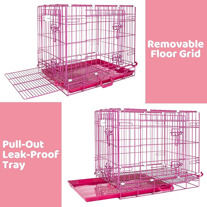 HOMEY PET 24 Inch Small Dog Crate, Cute Pink Puppy Cage Collapsible Dog Kennel Indoor, Nano-Coated Metal Wire Dog Crate with Removable Floor Grid Tray, Double Doors Dual Locks, Portable Handle