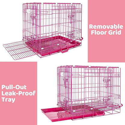 HOMEY PET 24 Inch Small Dog Crate, Cute Pink Puppy Cage Collapsible Dog Kennel Indoor, Nano-Coated Metal Wire Dog Crate with Removable Floor Grid Tray, Double Doors Dual Locks, Portable Handle