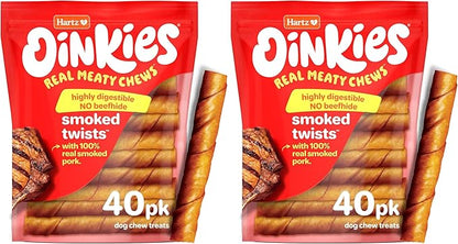 Hartz Oinkies Smoked Twists with Naturally Smoked Pork Rawhide-Free Dog Treats,Highly Digestible Long Lasting Dog Chews,(Pack of 80)