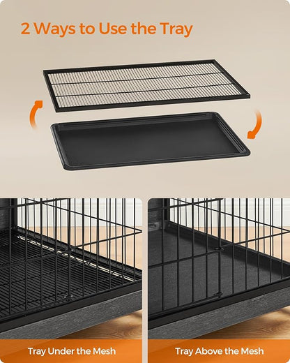 Feandrea 56.1" Dog Crate Furniture, Indoor Dog Cage Side End Table, XXL Pet Wood Kennel for Large and Medium Dogs up to 105 lb with Multi-Purpose Removable Tray, Double-Door Pet House, Ink Black