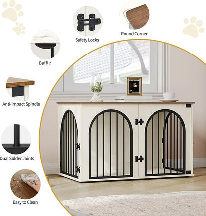 39.4" Wooden Dog Crate Furniture, Indoor Dog Kennel Dogs Cage for Small/Medium/Large Dogs, Heavy Duty Dog Crates Decorative Pet House End Side Table TV Stand, White Brown DFC84114B