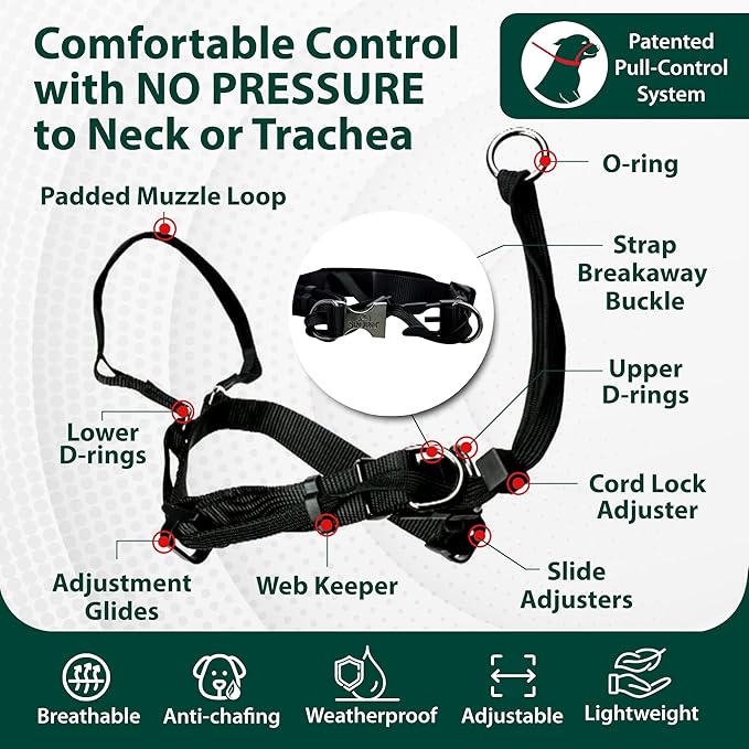 Sporn Head Halter for Dogs, No Pull Dog Harness, Durable Nylon Training Collar for Large Breeds, No Choke Design, Padded Restraints, Adjustable Fit, Easy On/Off, Black, Large