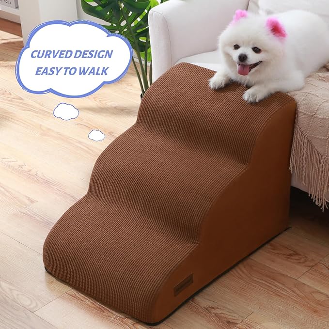 Aodisman 3-Step Dog Ramp and Stairs for Sofa and Chair - Non-Slip Sturdy Pet Steps for Small Dogs and Cats,15.7" H,Brown