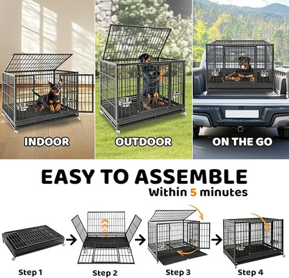 Homey Pet Two Tiers 47 Inch Heavy Duty Indestructible Dog Crate, Stackable Escape Proof Dog Cage Kennel Indoor with Two Removable Trays, Metal Grids, Wheels, Bowls, Double Doors for Large Dogs(6 Pack)