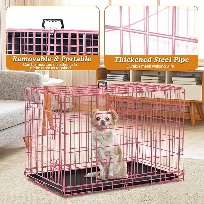Dog Crate Dog Kennel Cage for Small Dogs, 24" Portable Foldable Indoor Outdoor Large Double Door Wire Metal Puppy Cat Pet Dog Cage with ABS Tray LC & Divider, Pink