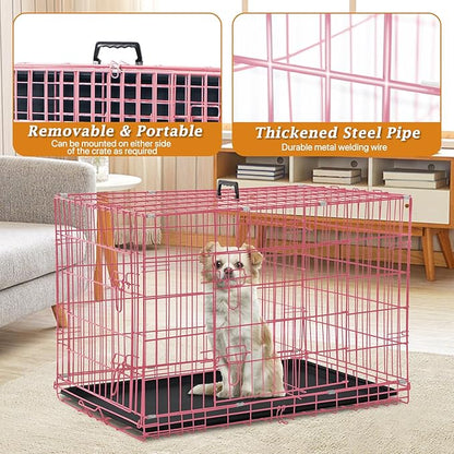 Dog Crate Dog Kennel Cage for Small Dogs, 24" Portable Foldable Indoor Outdoor Large Double Door Wire Metal Puppy Cat Pet Dog Cage with ABS Tray LC & Divider, Pink