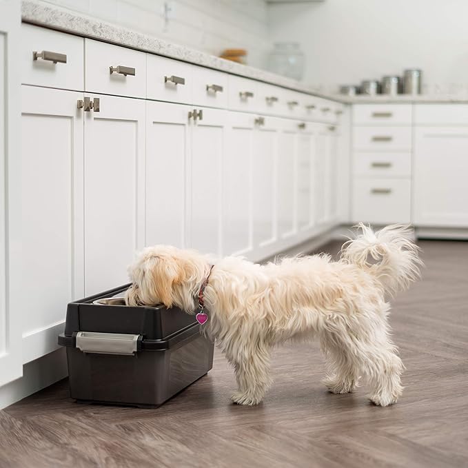 IRIS USA Elevated Dog Bowls with Storage, 9" H Raised Bowl for Small Dogs, Airtight Pet Food Storage Holds Up to 13 lbs, At Home or Camping, Smoke/Black