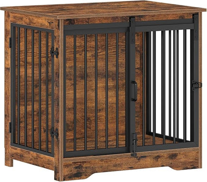 Hzuaneri 27.2" Dog Crate Furniture with Barn Door, Heavy Duty Dog Kennel Indoor with 2 Doors, Wooden Pet Cage End Table for Small Medium Dogs up to 22 lb, Anti-Chew Anti-Escape, Rustic Brown DFC84301B