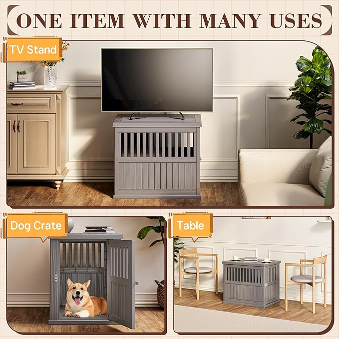 Fancyango 30-Inch Heavy Duty Dog Crate Furniture Lockable Indoor Outdoor Kennel & End Table for Small/Medium Dogs Decorative Plastic Pet Cage in Grey