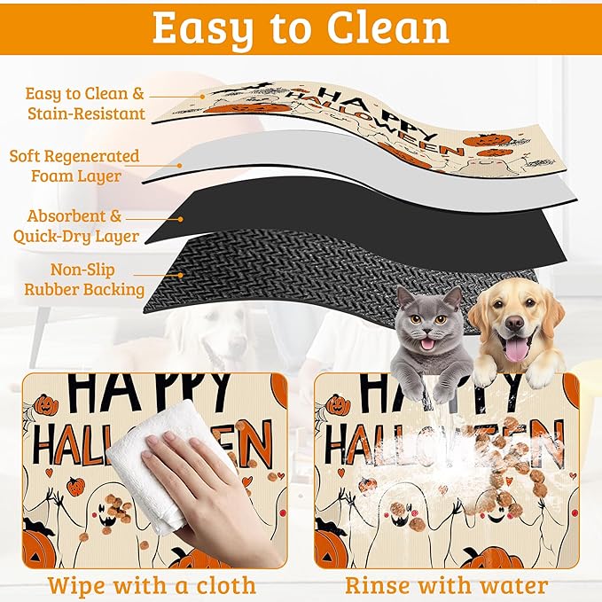 Pumpking Bat Dog Cat Food Mat,Halloween Absorbent Waterproof Placemat for Food and Water Non Slip Rubber Backing Durable Feeding Pad for Clean Floors 12" x 20"