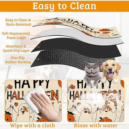 Pumpking Bat Dog Cat Food Mat,Halloween Absorbent Waterproof Placemat for Food and Water Non Slip Rubber Backing Durable Feeding Pad for Clean Floors 12" x 20"