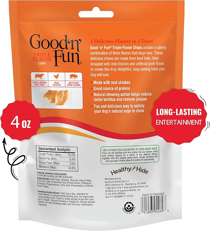 Good'n'Fun Triple Flavor Chips, Dog Chew Treats, Premium Chicken and Beef Hide Treats for Dogs, 4 oz