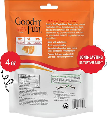 Good'n'Fun Triple Flavor Chips, Dog Chew Treats, Premium Chicken and Beef Hide Treats for Dogs, 4 oz