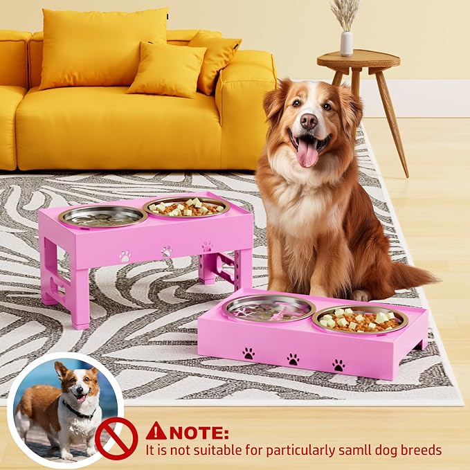 LAKIPETN Elevated Dog Bowls with Mat, Raised Dog Food Bowl Stand with 2 Stainless Steel Bowls, 5 Height Adjustable (3.1", 9", 10", 11", 12") Non-Slip Feeder Set for Medium and Large Dogs – Pink