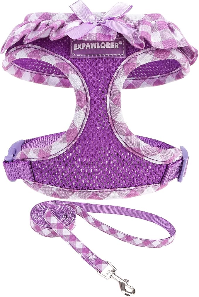 EXPAWLORER Cute Dog Harness and Leash Set - Purple Girl Dog Harness Checkered Step-in Design, Easy Adjustable No-Choke Lightweight Breathable Vest for Small Medium Dogs Outdoor Walking, Medium