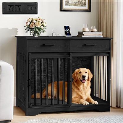 Hzuaneri 38.2'' Dog Crate Furniture with Charging Station, Barn Door Dog Kennel Indoor with 2 Storage Drawers, Wooden Pet Cage End Side Table for Medium/Large Dogs, Chew-Proof, Black DFC90304B