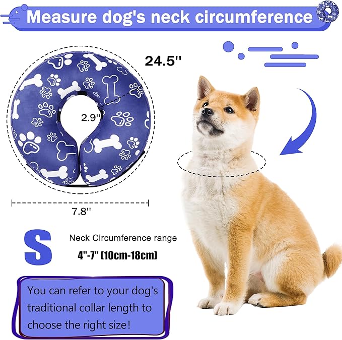 Recovery Donut Collar for Dogs & Cat,Inflatable Dog Cone Collar Alternative After Surgery,Soft Cone for Large Medium Small Dog,Adjustable Pet Neck Donut(Darkblue Bone,Small