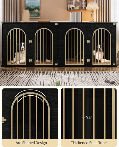 Hzuaneri 88.4" Dog Crate Furniture for 2 Dogs, Heavy Duty Indoor Dog Kennel TV Stand, XXL Wooden Dog Cage with Divider for Medium Large Dogs, End Table Dog Crate with Cushion, Black Gold DFC84004AV1