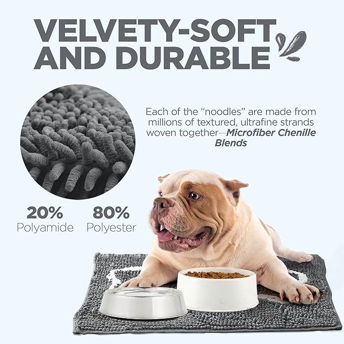 Soggy Doggy Slopmat Dog Food Mat – Absorbent Microfiber Chenille Pet Feeding Mat for Food & Water Bowls, Muddy Paws Small Doormat, Non-Slip, Machine Washable Rug – Gray/Light Gray Bone, 18” x 24”