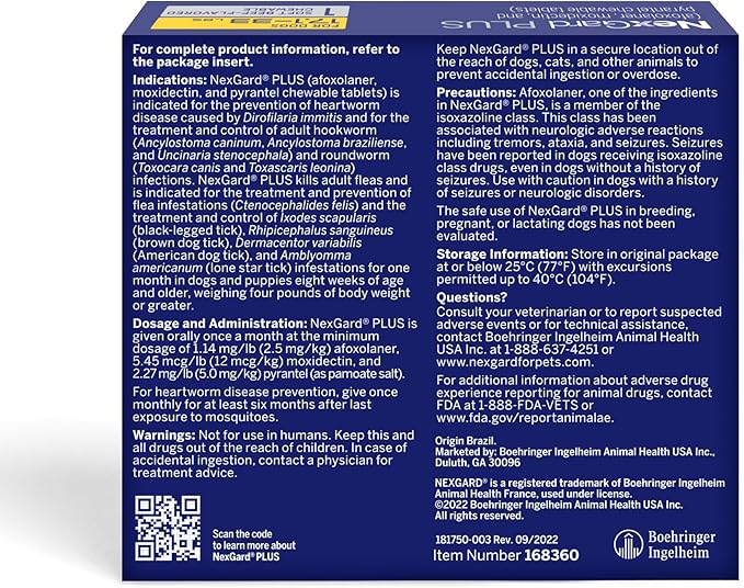 NexGard Plus (afoxolaner, moxidectin, and pyrantel) Flea and Tick Protection & Heartworm Preventive for Dogs Soft Beef Flavored Chewables, 17.1-33 lbs. (Gold) 1 Chew (1 Month Supply)