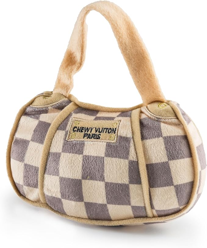 Haute Diggity Dog Chewy Vuiton Handbag Plush Squeaky Dog Toy, Soft Durable Designer-Inspired Stuffed Puppy Chew Toys for Small & Medium Dogs, Machine-Washable (Tan Checker) Large