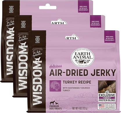 Earth Animal Wisdom Air Dried Jerky - Turkey Recipe Premium Natural Jerky Strips Dog Treats - 3 Pack 4 oz Bag