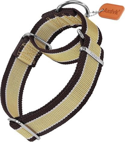 Martingale Collar 1.5 Inch Wide 1600D Extra Strong Anti Escape Nylon Dog Collar, No Pull Heavy Duty Pet Collars with 3-Color Stripe for Large to XLarge Dogs (XL, Khaki & Dark Brown)