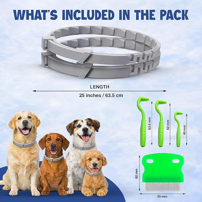 Dog Flea and Tick Collar (2 Pack) – Natural Waterproof Flea Collar for Dogs & Puppies with 8 Month Protection Adjustable Dog Flea Collar Includes Tick Removal Tools & Flea Comb