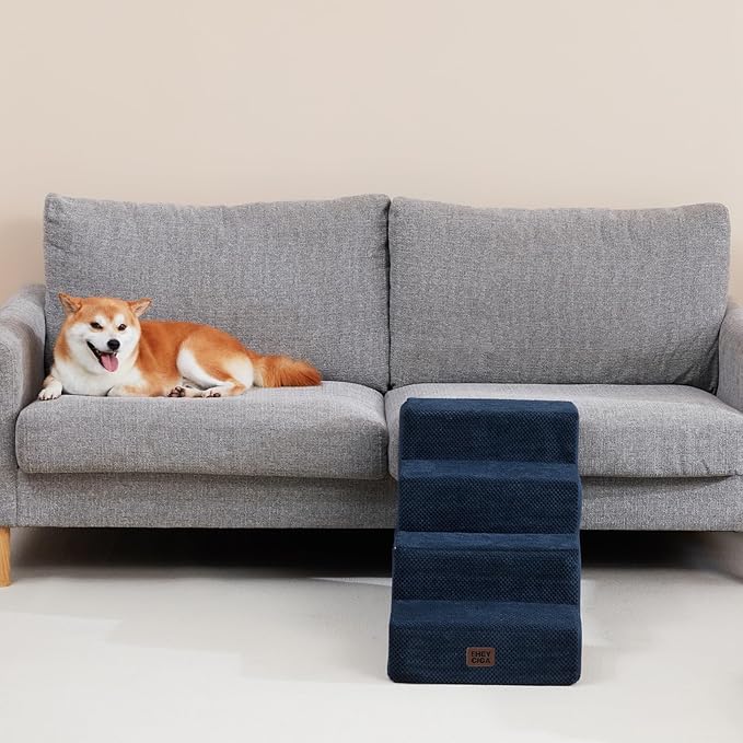 EHEYCIGA Dog Stairs for Bed 18" H, 4-Step Dog Steps for High Bed, Pet Steps for Small Dogs and Cats, Non-Slip Balanced Pet Ramp Indoor, Navy Blue