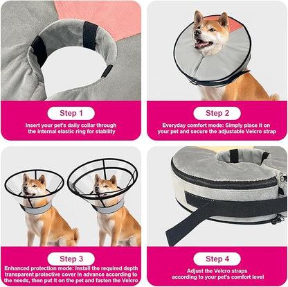 Sponge Core Dog Cat Cone Collar for After Surgery Recovery, Inflatable Dog Cone Alternative, Lainergie Dogs Donut Collar Adjustable with 2PCS Cover for Large Medium Small Dogs Cats (Grey+Pink, XXL)
