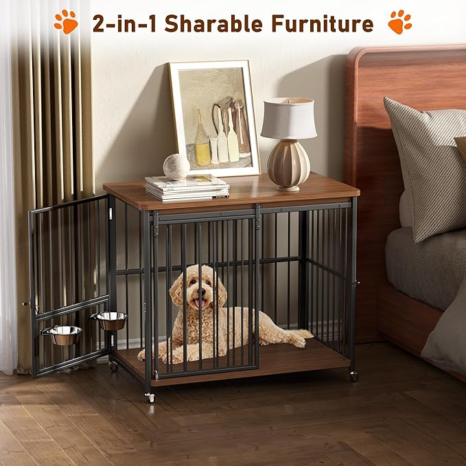 Cofiyard Dog Crate Furniture, 42’’ Wooden Dog Kennel Indoor with Sliding Front Door, Multi-Side Openings & Feeding Window Pet Cage House as TV Stand