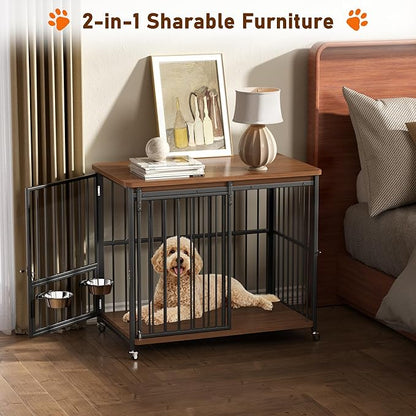 Cofiyard Dog Crate Furniture, 42’’ Wooden Dog Kennel Indoor with Sliding Front Door, Multi-Side Openings & Feeding Window Pet Cage House as TV Stand
