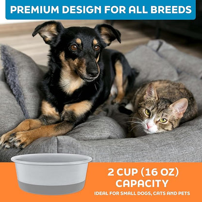 Master Pet Supply Stainless Steel Dog Bowls Set of 2 with Extra Thick Silicone Base - 2 Cup (16 oz) Graphite, Non-Slip, Dishwasher Safe Metal Bowls, Pet Dog Food Bowl for Dogs, Cats, Anti Rust