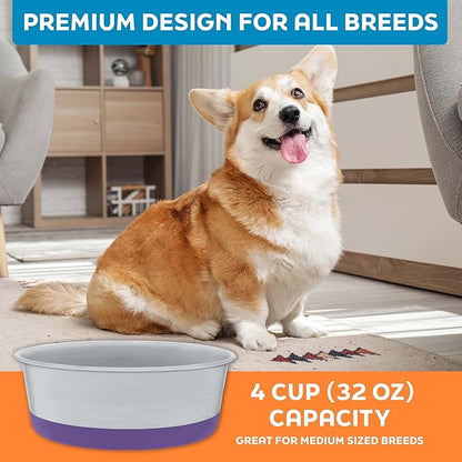Master Pet Supply Stainless Steel Dog Bowls Set of 2 with Extra Thick Silicone Base - 4 Cup (32 oz) Plum Crazy, Non-Slip, Dishwasher Safe Metal Bowls, Pet Dog Food Bowl for Dogs, Cats, Anti Rust