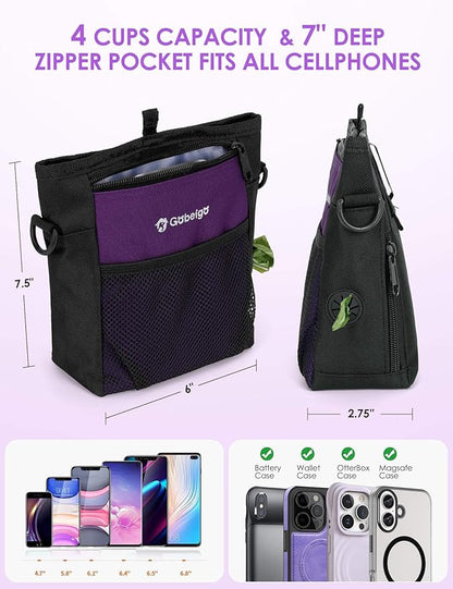 Gobeigo Dog Treat Pouch, Magnetic Closure & Sealable Silicone Bag Insert, 4-Cup Capacity – Belt Clip/Waist Belt/Crossbody Wear, Clicker Included – Great for Pet Training & Walking (Purple)