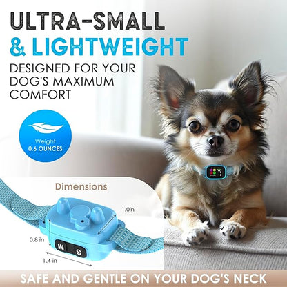Tiny Bark Collar for Small Dogs 5-15 lbs and Puppies - No Shock Anti Barking Collar - Rechargeable Smart Collar for Dog Training with 7 Sensitivity Levels and 3 Beep&Vibration Modes (Pure Blue)