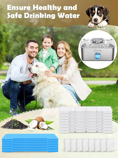 Kastty 15L Dog Water Fountain Filter Replacement, Pet Fountain Filters Replacement Made of Activated Carbon and PP Cotton, 8 Pack Dog Water Bowl Filters 8 Pack Pre-Filter Sponge with 8 Pump Sponge L05