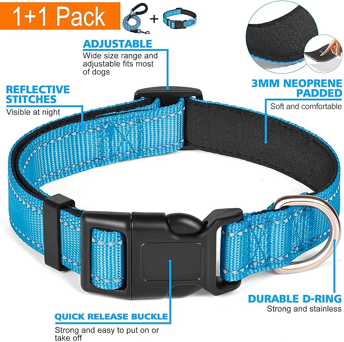 Ladoogo Reflective Dog Collar Padded with Soft Neoprene Breathable Adjustable Nylon Dog Collars for Small Medium Large Dogs (Medium (Pack of 1), Vivid Blue Collar+Leash)
