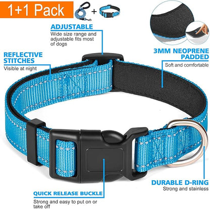 Ladoogo Reflective Dog Collar Padded with Soft Neoprene Breathable Adjustable Nylon Dog Collars for Small Medium Large Dogs (Medium (Pack of 1), Vivid Blue Collar+Leash)