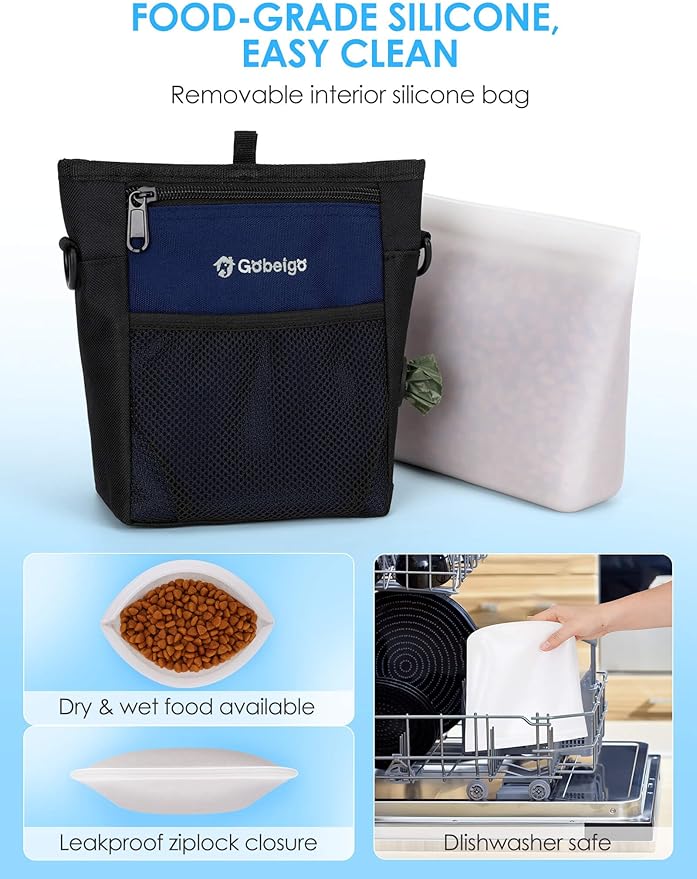 Gobeigo Dog Treat Pouch, Magnetic Closure & Sealable Silicone Bag Insert, 4-Cup Capacity – Belt Clip/Waist Belt/Crossbody Wear, Clicker Included – Great for Pet Training & Walking (Navy Blue)