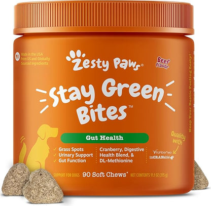 Zesty Paws Stay Green Bites for Dogs - Grass Burn Soft Chews for Lawn Spots Caused by Dog Urine - with Cranberry for Urinary Tract & Bladder - Beef - 90 Count