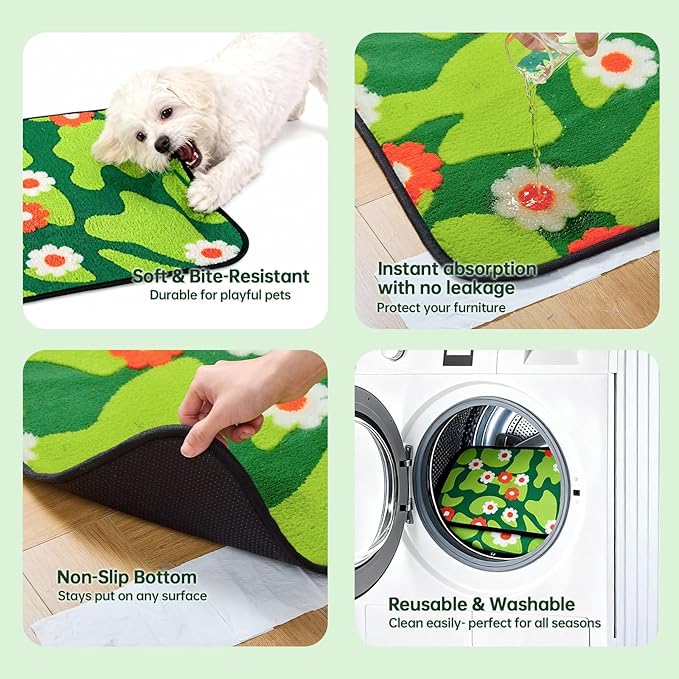 Qeils Reusable Puppy Pads for Small Dogs, Washable Pee Pads with Non-Slip , Absorbent Leakproof Mat for Crates, Playpens, Pet Beds & Whelping, Indoor Potty Training Grass Green, 18"x24", 2 Pack