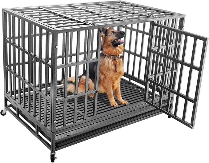 Confote 47Inch Heavy Duty Dog Kennel Strong Metal Dog Cage Pet Crate for Medium and Large Dogs with Four Lockable Wheels, Removeable Tray