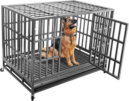 Confote 47Inch Heavy Duty Dog Kennel Strong Metal Dog Cage Pet Crate for Medium and Large Dogs with Four Lockable Wheels, Removeable Tray