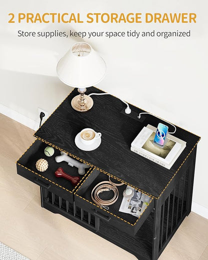 Hzuaneri 38.2'' Dog Crate Furniture with Charging Station, Barn Door Dog Kennel Indoor with 2 Storage Drawers, Wooden Pet Cage End Side Table for Medium/Large Dogs, Chew-Proof, Black DFC90304B