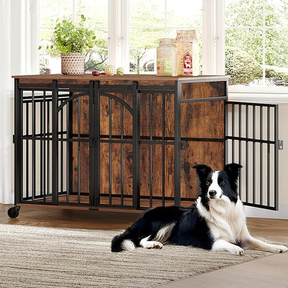 Hzuaneri 37.4" Dog Crate Furniture with Wheels, Wooden Pet Cage Indoor with Barn Door, L Dog Kennel Heavy Duty, Decorative Pet Crate for Small/Medium Dogs, End Table TV Stand, Rustic Brown DFC86201B