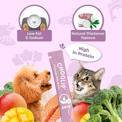Choolip Squeeze Vita Stick Lickable Cat and Dog Treats, 7-Count Skin and Coat Support, Salmon and Pollack with Biotin and Vitamin E, Vet-Formulated